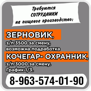 Требуется зерновик - г. Бийск - 3500 р. смена, кочегар-охранник - 3000 р. смена